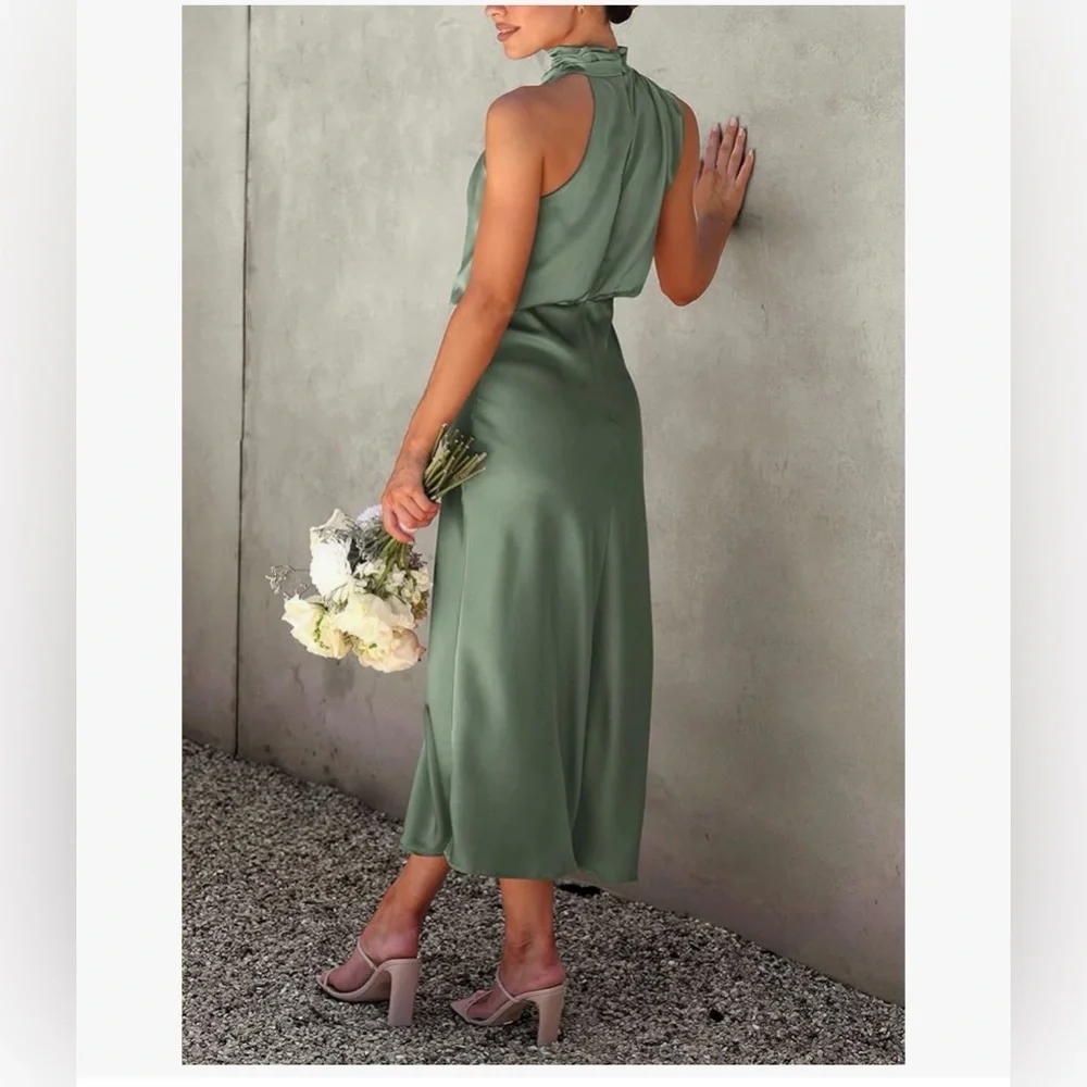 Satin Dress Elegant Sleeveless Mock Neck Cocktail Party Maxi Dress - Picture 4 of 4